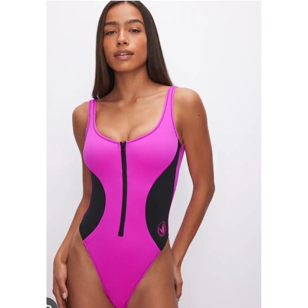Body glove Vtg Retro 80s pink & Black zip Front 1 Piece Swimsuit Sexy Cheeky Xl
